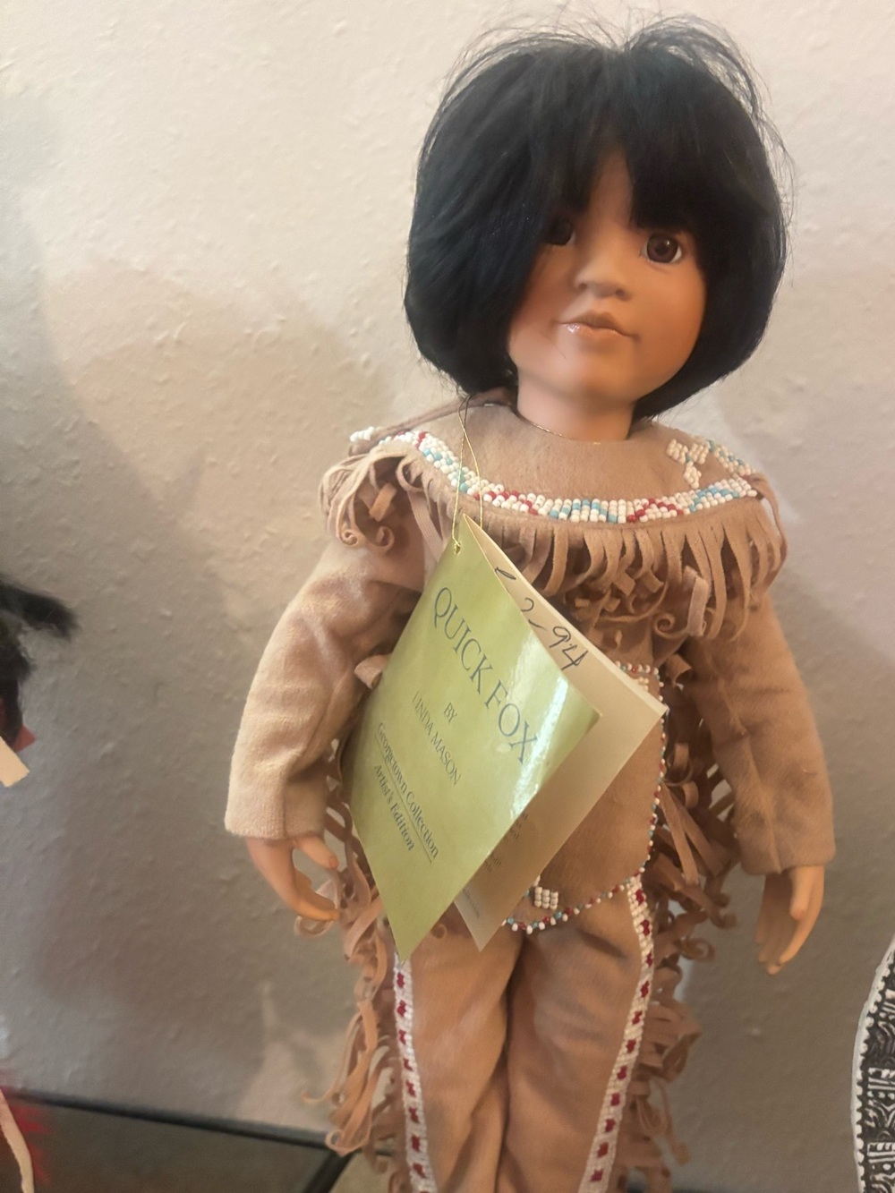 Tan Native-style Porcelain Doll with Beaded Trim